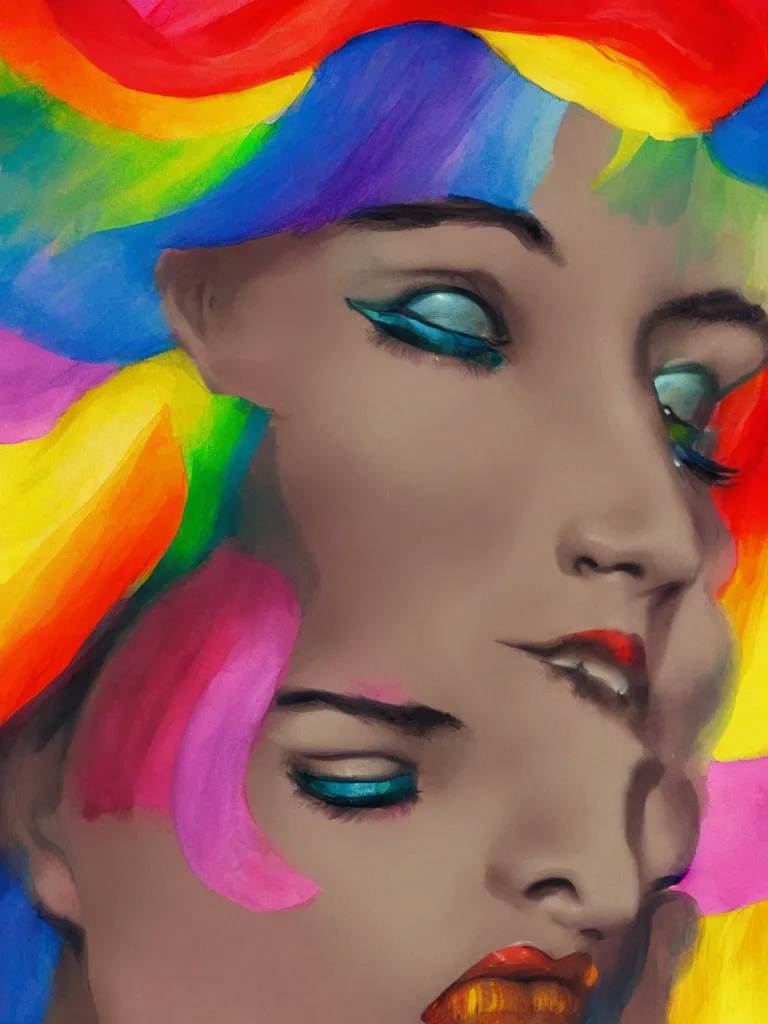 Image similar to close up portrait of beautiful rainbow woman by disney concept artists, blunt borders, rule of thirds