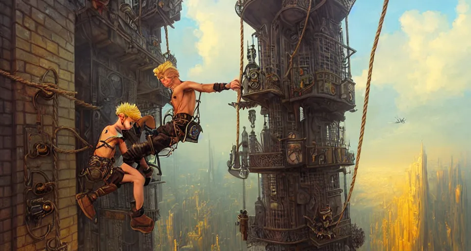 Image similar to landscape painting of a blonde boy thief in leathers using a rope to climb a tall metal steampunk buildings within a fantasy city with bridges, fine details, andreas rocha, magali villeneuve, artgerm, rutkowski