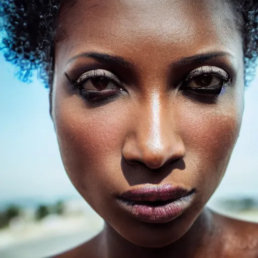 Image similar to portrait face of a beautiful gorgeous black edgy model girl with short hair, bikini, big leaps, blue eyes, she's sad, sunset, street of africa, 8 0 mm lens, 1. 2 aperture, grainy image, close up, cinematic light, 8 k, 4 k, very detailed, depressing atmosphere, cover magazine