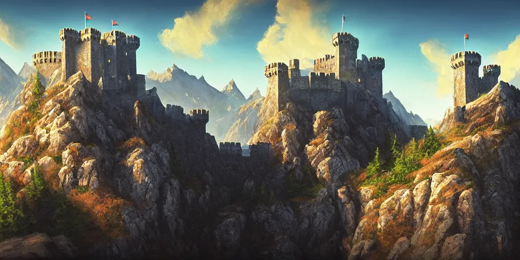 Image similar to a castle fortress on a rocky mountain side, blue sky, sunny, detailed, volumetric, cinematic lighting, realistic, digital art by greg rukowski