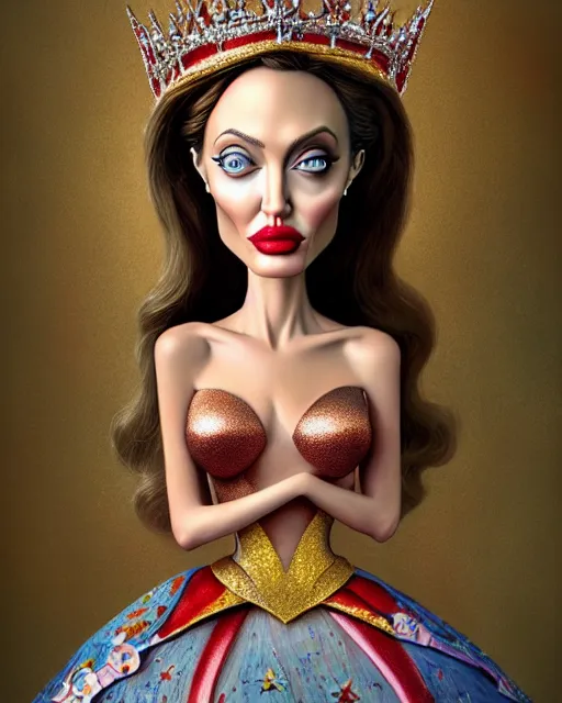 Image similar to closeup profile portrait of a tin toy angelina jolie as a fairytale princess wearing a crown and sitting on a throne, bikini, hyper realistic, artstation, illustration, nicoletta ceccoli, mark ryden, lostfish, max fleischer, digital paint, matte paint, vivid colors, bright, cheerful, detailed and intricate environment
