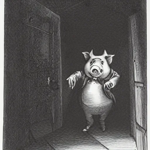 Image similar to pig in a tuxedo walk out of a barn, dramatic lighting, creepy, farm background chiaroscuro, high detail, illustration by gustave dore