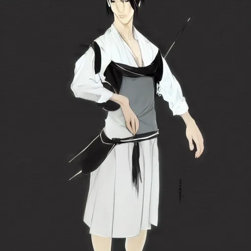 Image similar to full body concept art of Levi Ackerman, south Korean male, wearing a black and white maid dress, short, short hair, pointy nose, annoyed. elegant. highly detailed, digital painting, artstation, concept art, smooth, sharp, focus, illustration. art by artgerm and greg rutkowski alphonse mucha and Marat Safin