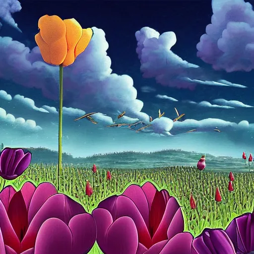 Image similar to flying tulip steam fortress, fantasy art, sky in the background, detailed, behrens style