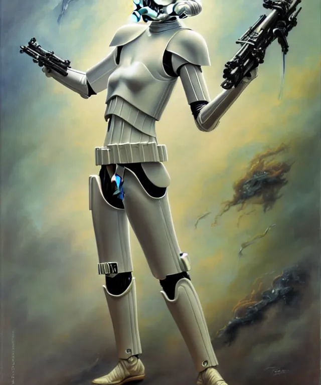 Image similar to storm trooper in the style of boris vallejo, hajime sorayama, peter mohrbacher, wayne barlowe, gustav moreau, bussiere, roberto ferri, santiago caruso, luis ricardo falero, austin osman spare, dali