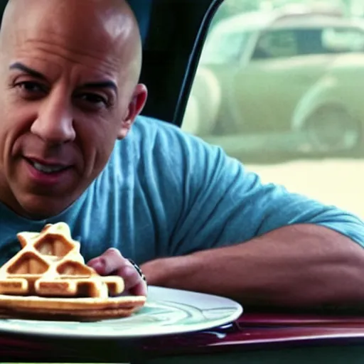 Image similar to movie still of vin diesel eating waffles and pancakes in a car