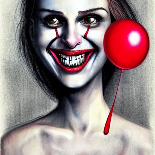 Prompt: surrealism grunge cartoon portrait sketch of natalie portman with a wide smile and a red balloon by - michael karcz, loony toons style, pennywise style, horror theme, detailed, elegant, intricate