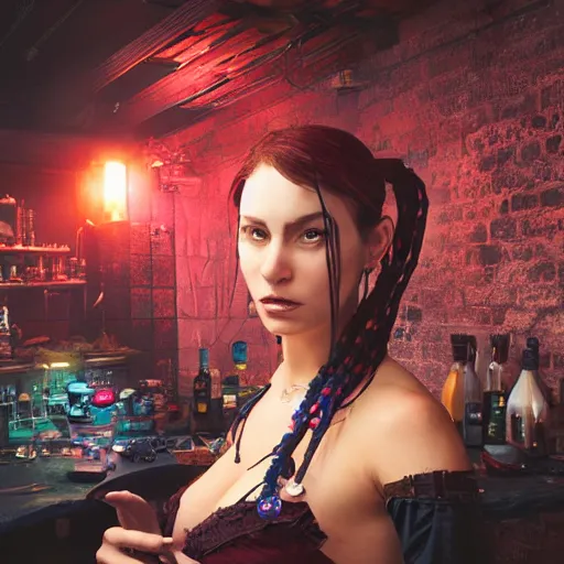 Image similar to a high quality portrait of a beautiful stunning pirate in a cyberpunk cyberpunk cyberpunk cafe, realism, 8k, award winning photo