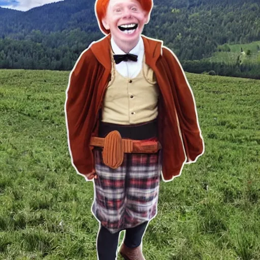 Image similar to ronald weasley, as a bavarian, enjoying the foothills, photo realistic, happy.