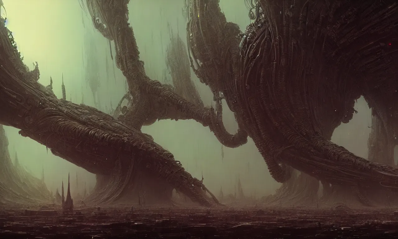 Image similar to Sci-fi environment set in a nightmarish universe of odd forms and somber tapestry, HR Giger, Wadim Kashin, in Zdzisław Beksiński color scheme, featured in artstation, octane render, cinematic, elegant, intricate, 8k