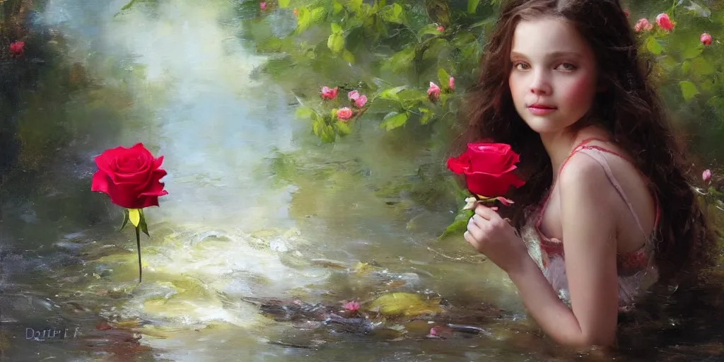 Image similar to portrait of bird holding a rose in a river. by Daniel F. Gerhartz, hyperrealistic oil painting, 4k, studio lightning, very detailed faces