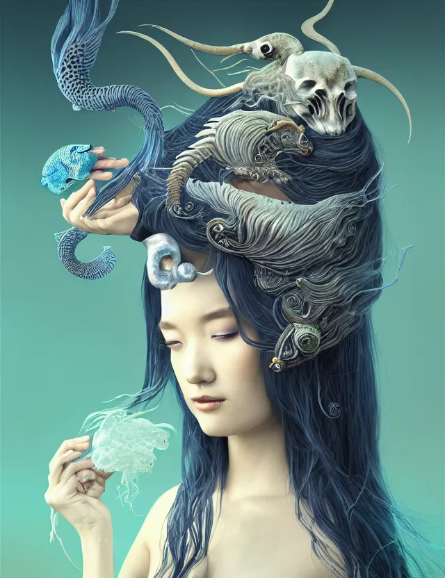 Image similar to 3 d goddess half - turn portrait with long hair with ram skull. beautiful intricately detailed japanese crow kitsune mask and clasical japanese kimono. betta fish, jellyfish phoenix, bio luminescent, plasma, ice, water, wind, creature, artwork by tooth wu and wlop and beeple and greg rutkowski