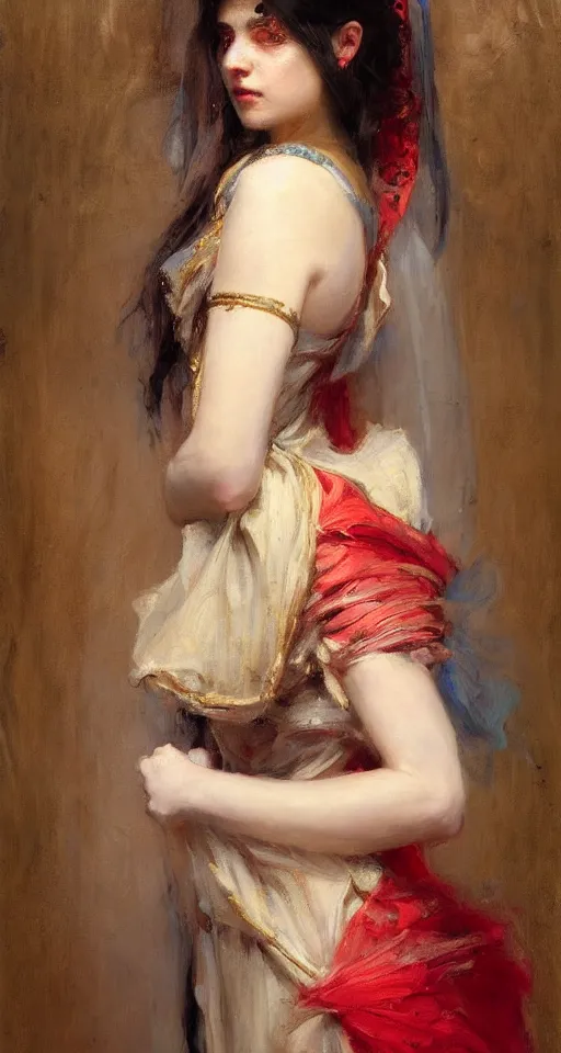 Image similar to solomon Joseph Solomon and Richard Schmid and Jeremy Lipking victorian genre painting portrait painting of a young beautiful woman greek Goddess in fantasy costume, red background