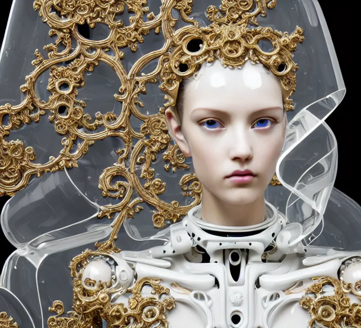 Prompt: beautiful cybernetic baroque robot, beautiful baroque porcelain face + body is clear plastic, inside organic robotic tubes and parts, symmetric, front facing, wearing translucent baroque rain - jacket + symmetrical composition + intricate details, hyperrealism, wet, reflections + by alfonse mucha and moebius, no blur dof bokeh