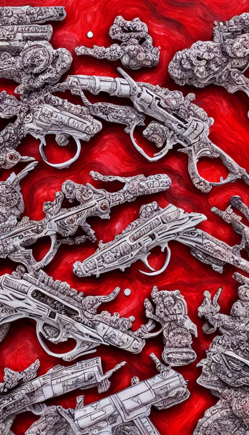 Prompt: the war multiverse, highly detailed carving on southern ice porcelain, partially red crystallized, guns, red nebulas, art gallery