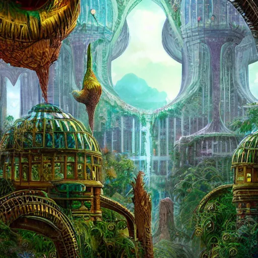 Prompt: Cosmic City Pillars, Domes, Towers, Archways Forest, Plants, Trees, Leaves, Vines, Overgrown Phoenixes Perched 8k resolution Behance HD CGSociety matte background matte painting maximalist detailed painting by Michael Whelan and by John Berkey