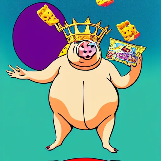 Image similar to trippy comic art of a obese pig wearing a gold crown throwing snack bags into the air, drawn by Martin Rowson, Tim Burton, Studio Ghibli, Alex Pardee, Nekro Petros Afshar, James McDermott, colors by lisa frank, unstirred paint, vivid color, cgsociety 4K