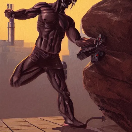Image similar to muscular cyberpunk man lifing a boulder, Industrial Scifi, detailed illustration, Chiaroscuro, concept art, by Martin Grip and Moebius