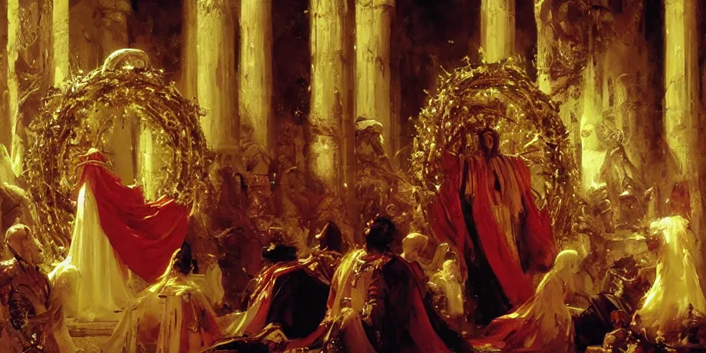 Image similar to beautiful oil painting, alien in royal crimson robes enthroned as the alien god emperor of ancient civilization surrounded by servants in gilded halls a golden wreath upon his head, by anders zorn, wonderful masterpiece by greg rutkowski, beautiful cinematic light, american romanticism, by thomas lawrence, greg rutkowski