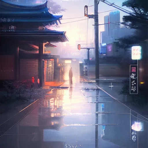 Image similar to evening tokyo walk in tachikawa. volumetric lighting, spring early morning, dew, nice weather, realistic illustration, perfectly shaded, soft painting, art by krenz cushart and wenjun lin