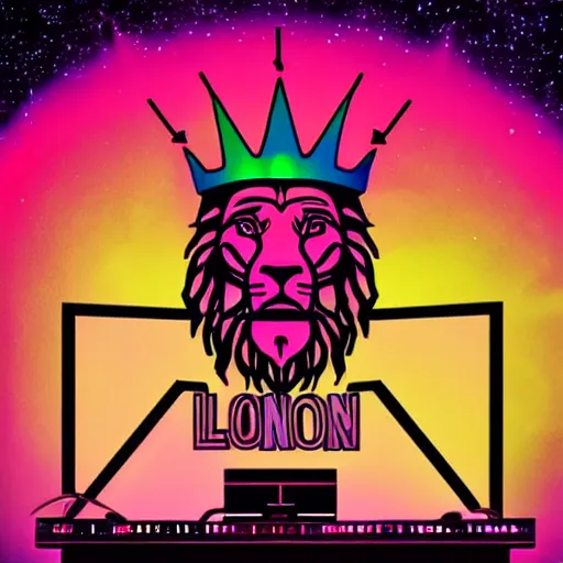 Image similar to Lion with crown in DJ booth in space, synthwave