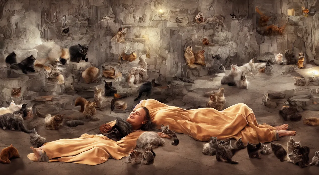 Image similar to a matte painting of old lady laying on a floor surrounded by cats by Frank Lloyd Wright and Zaha Hadid torch volume light stylized illustration digital airbrush painting, 3d rim light, hyperrealistic masterpiece, artstation, cgsociety, kodakchrome, golden ratio
