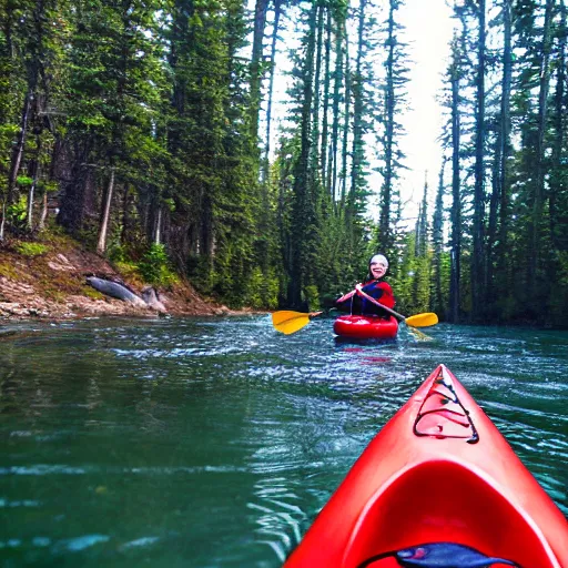 Prompt: baby kayaking on a canadian river through boreal forest past a moose, in the style of action sports photography, high definition,