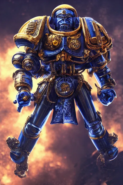 Image similar to a portrait of an ultramarine, space marine, warhammer 4 0 k setting, dynamic pose, intricate details, intricately detailed clothing, intricate textures, warm lighting, vivid colors, smoke and mist, realistic octane render, hyper realistic render, volumetric shading, depth of field, raytracing, 8 k,