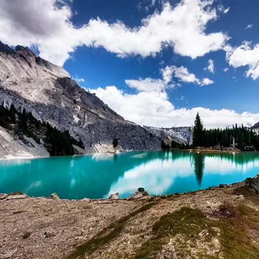 Prompt: alpine lake with mountains in the background, blue sky with a few clouds, beautiful, hd, landscape