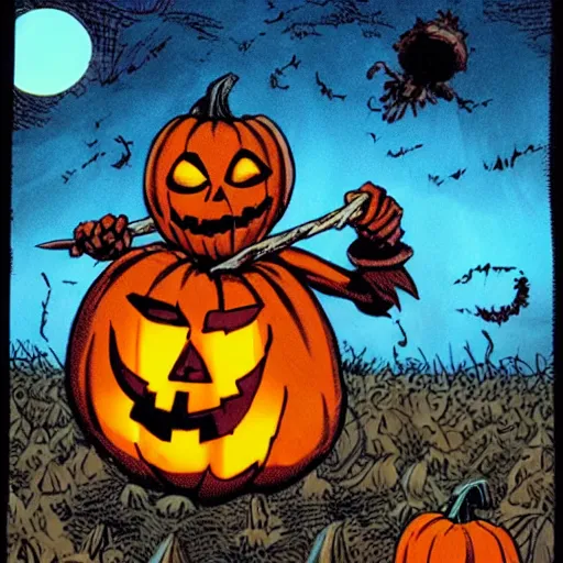 Image similar to Sam from Trick R Treat, stands in front of pumpkin filled lawn at Night, Halloween comic book, comic book art in the style of frank miller