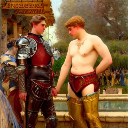 Image similar to attractive fully clothed arthur pendragon confesses his love for his attractive fully clothed male knight. highly detailed painting by gaston bussiere and j. c. leyendecker 8 k