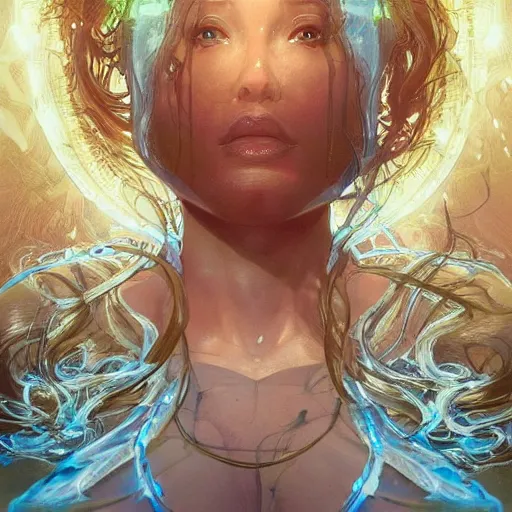 Image similar to cyborg, female, fantasy, bioluminiscence, flowing hair, portrait, highly detailed, digital painting, beautiful eyes, symmetry, concept art, sharp focus, illustration, art by artgerm and greg rutkowski and magali villeneuve and ilya kuvshinov! : : alphonse mucha : : - 0. 2