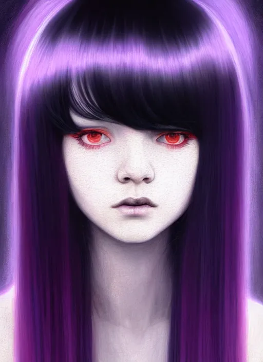 Image similar to hair blackbangs hair, white hair, blackbangs, portrait of teenage girl with white hair, red irises, purple clothes, black bangs, bangs are different color from hair, intricate, elegant, glowing lights, highly detailed, digital painting, artstation, concept art, smooth, sharp focus, illustration, art by wlop, mars ravelo and greg rutkowski