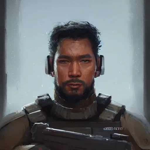 Image similar to portrait of a man by greg rutkowski, arlen fett, samoan features, short black hair, strong and tall, star wars expanded universe, he is about 3 0 years old, wearing tactical gear, digital painting, artstation, concept art, smooth, sharp foccus ilustration, artstation hq