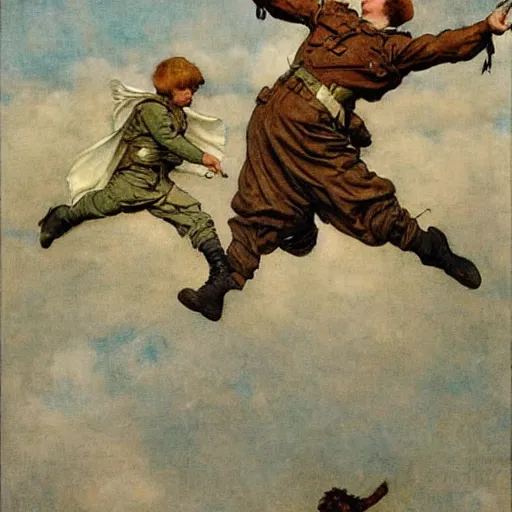 Image similar to airborne paratroopers jumping from parachutes, style of arthur rackham and eugene de blaas and frederic leighton