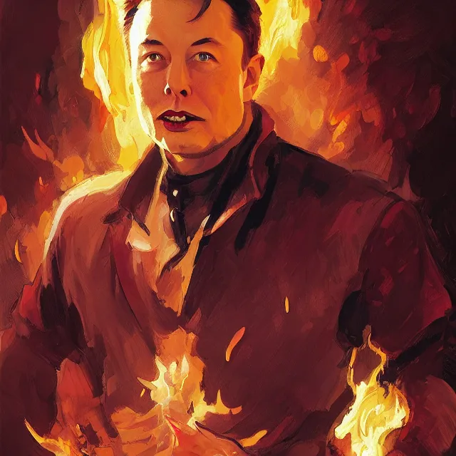 Image similar to Elon Musk as a firebender, portrait, elegant, intricate, digital painting, artstation, concept art, smooth, sharp focus, illustration, art by konstantin korovin and Daniel F. Gerhartz and john howe