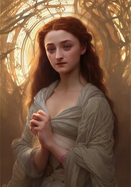 Prompt: little pretty girl sansa stark, intricate, elegant, highly detailed, digital painting, artstation, concept art, smooth, sharp focus, illustration, art by artgerm and greg rutkowski and alphonse mucha and william - adolphe bouguereau