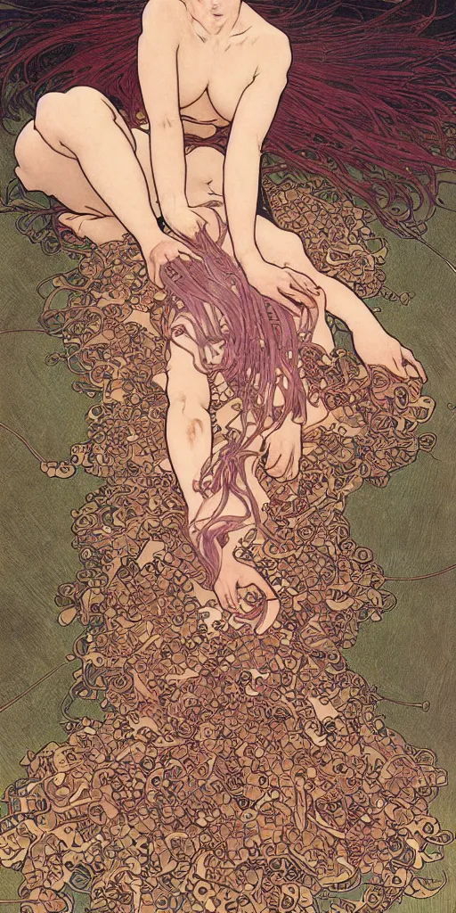 Image similar to a woman splits open and hundreds of centipedes crawl from her wounds, 8 k, ultra realistic, moebius alphonse mucha, junji ito,