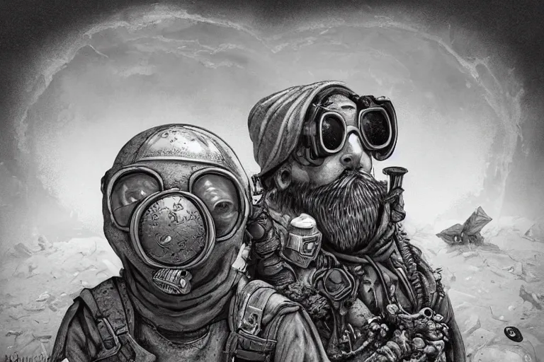 Image similar to a highly detailed forgotten garden gnome wearing goggles and head scarf surviving in a vast barren desert, hopeless wasteland background with a relentless raging sun overhead, post - apocalyptic road warrior vibe, dynamic pose, an ultrafine detailed painting by joe fenton, trending on deviantart, pop surrealism, whimsical, lowbrow, perfect symmetrical face, sharp focus, octane, masterpiece