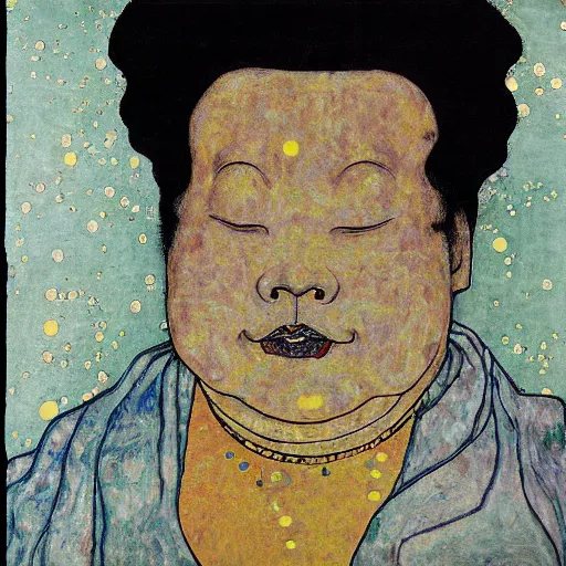 Image similar to hotei budai painting by egon schiele glitter iglitch datamosh