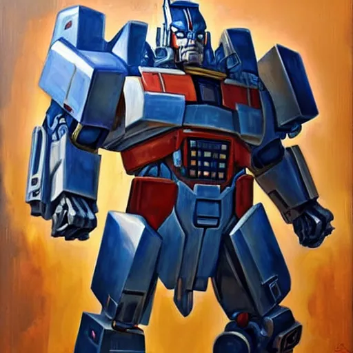 Image similar to greg manchess portrait painting of optimus prime as overwatch character, medium shot, asymmetrical, profile picture, organic painting, sunny day, matte painting, bold shapes, hard edges, street art, trending on artstation, by huang guangjian and gil elvgren and sachin teng