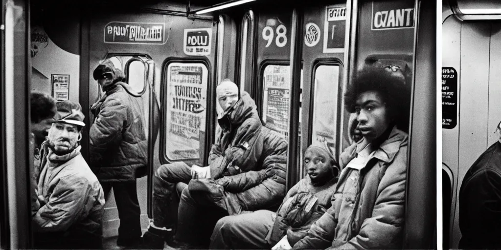 Prompt: new york subway cabin 1 9 8 0 s inside all in graffiti, man in carhartt jacket closeup, policeman closeup, film photography, exposed b & w photography, christopher morris photography, bruce davidson photography