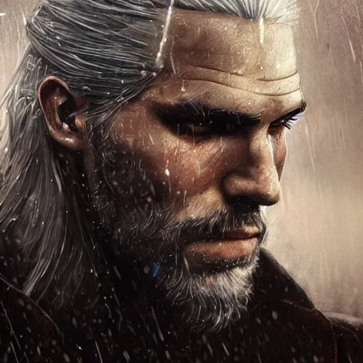 Prompt: geralt of rivia with long beard and intense eyes, scarred, wet, raining, close up, rim lighting, portrait, sinister atmospheric lighting. highly detailed painting by greg rutkowski, anime style