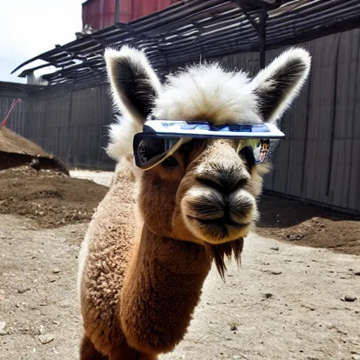 Image similar to an alpaca wearing a construction helmet and safety goggles