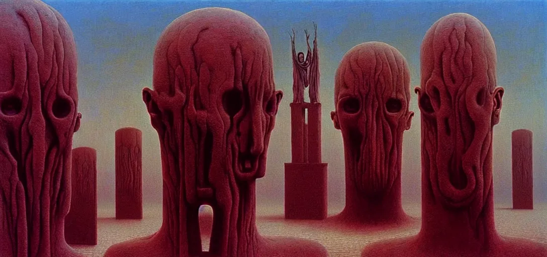 Prompt: dystopian surreal painting of eerie head statues and buildings by zdzisław beksinski, creepy, atmospheric, unsettling