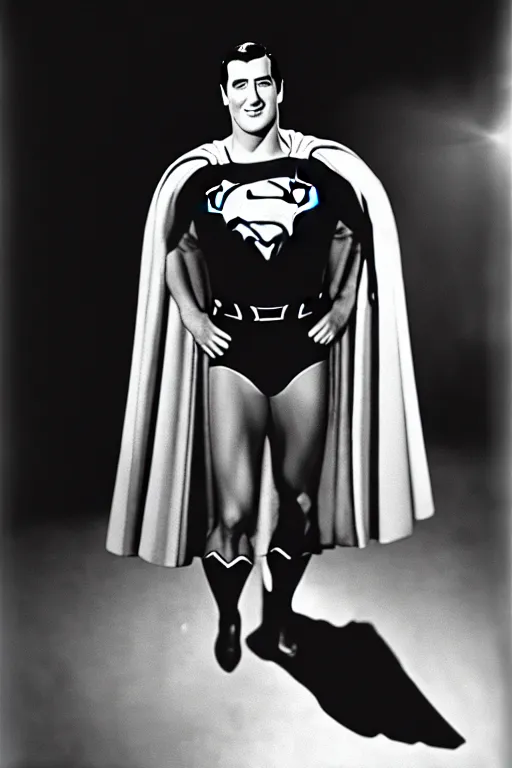 Image similar to rock hudson playing superman in, superhero, dynamic, 3 5 mm lens, heroic, studio lighting