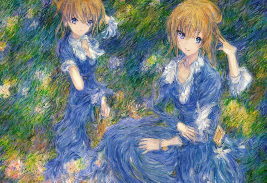 Prompt: very anime scenery, blue outfit, very anime in impressionist style, trending artwork, anime painter studio, by claude monet