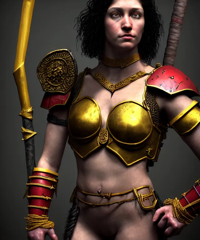 Image similar to hyperrealistic mixed media painting of a beautiful young female barbarian, stunning 3d render inspired art by P. Craig Russell and Barry Windsor-Smith + perfect facial symmetry + dim volumetric lighting, dark black hair, pale skin, ornate crimson armor with gold trim, dizzy, full body, confident heroic pose, arms crossed, d&d, 8k octane beautifully detailed render, post-processing, extremely hyperdetailed, intricate, epic composition, grim yet sparkling atmosphere, cinematic lighting + masterpiece, trending on artstation, very very detailed, masterpiece, stunning