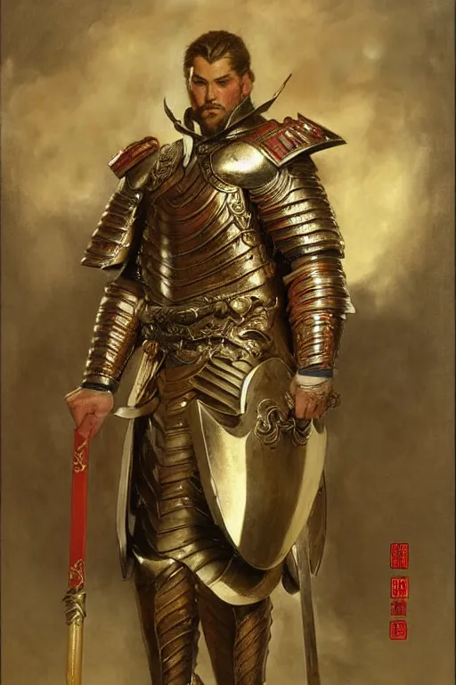 Image similar to attractive beefy male with armor, tang dynasty, character design, painting by gaston bussiere, craig mullins, j. c. leyendecker, tom of finland