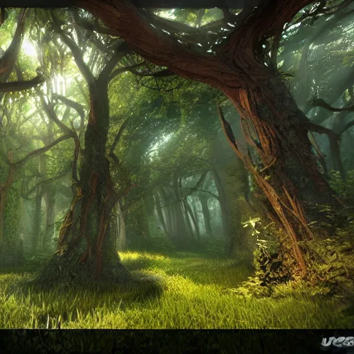 Image similar to warrior cats forest, unreal engine, cliff, cool, vines, sunrays